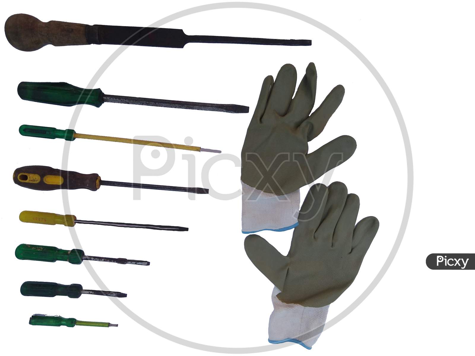 Protections Hand Gloves With Different Types Of Screwdrivers Isolated On White Background. Concept Is Safety First.