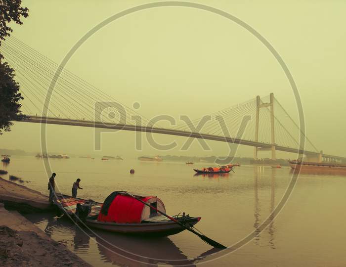 Beautiful View Of Hoogly Setu (Bridge) Ganga With boats