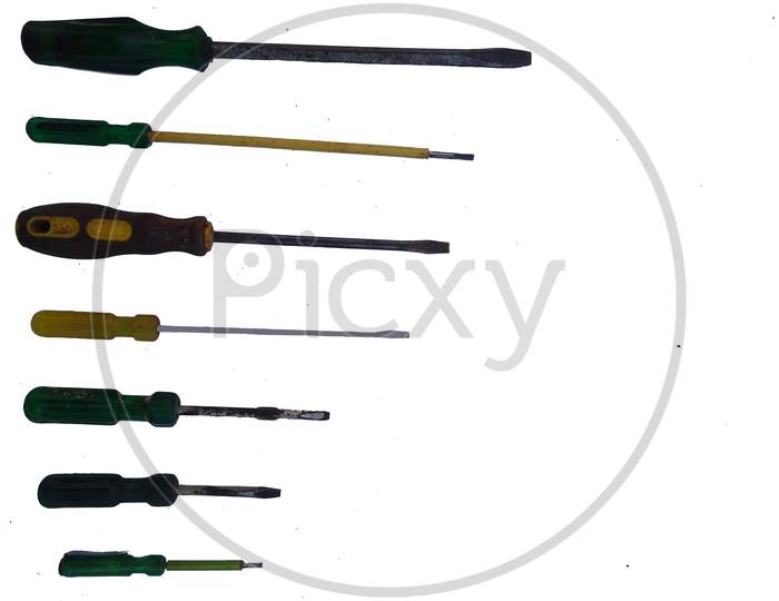Different Sizes Of Screwdriver Isolated On White Background.