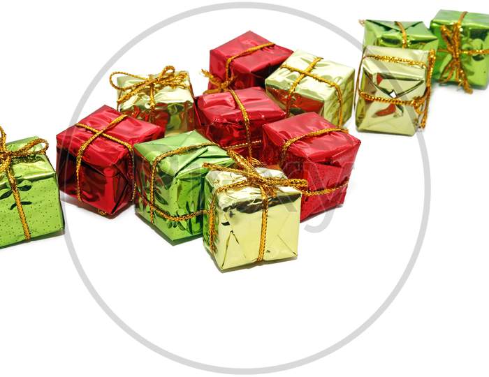 Multicolor Gift Box Isolated On Red Color Background