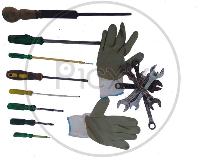Protections Hand Gloves With Tools Set Isolated On White Background. Concept Is Safety First.