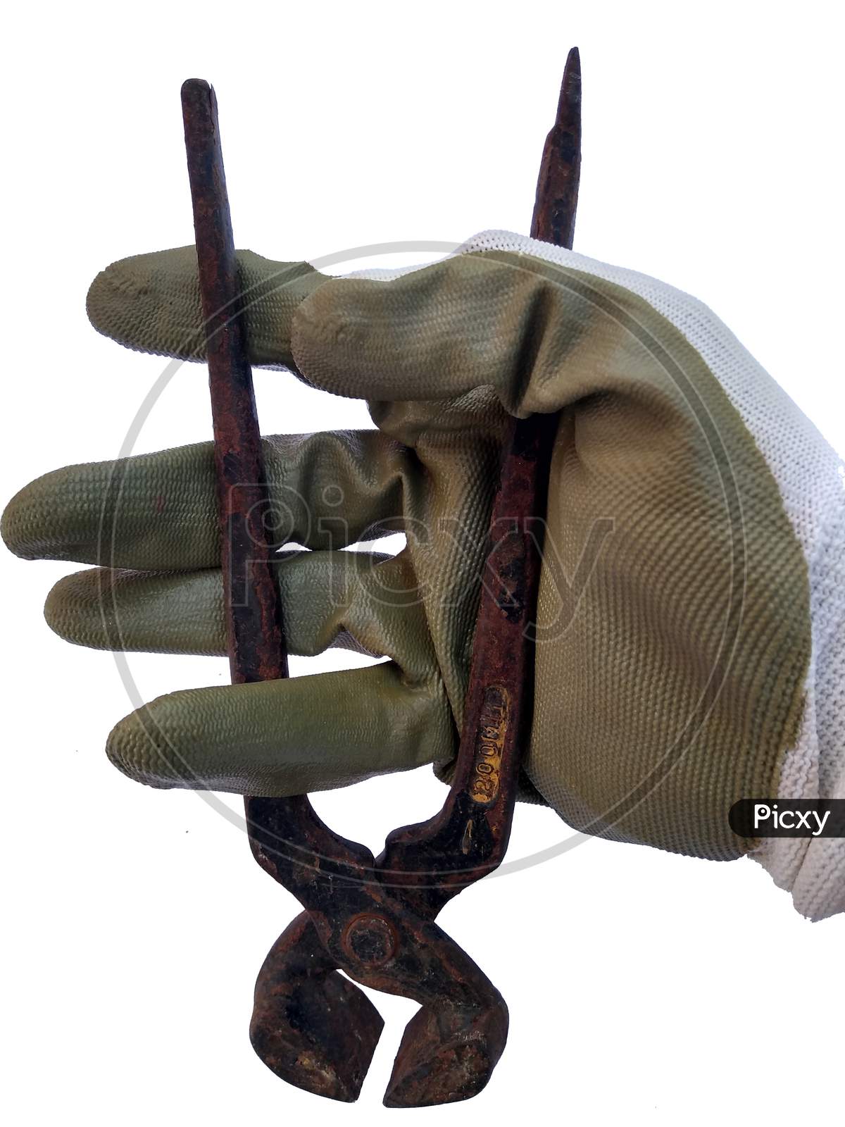 Hand With Protection Gloves Holding To The Plier On White Background.