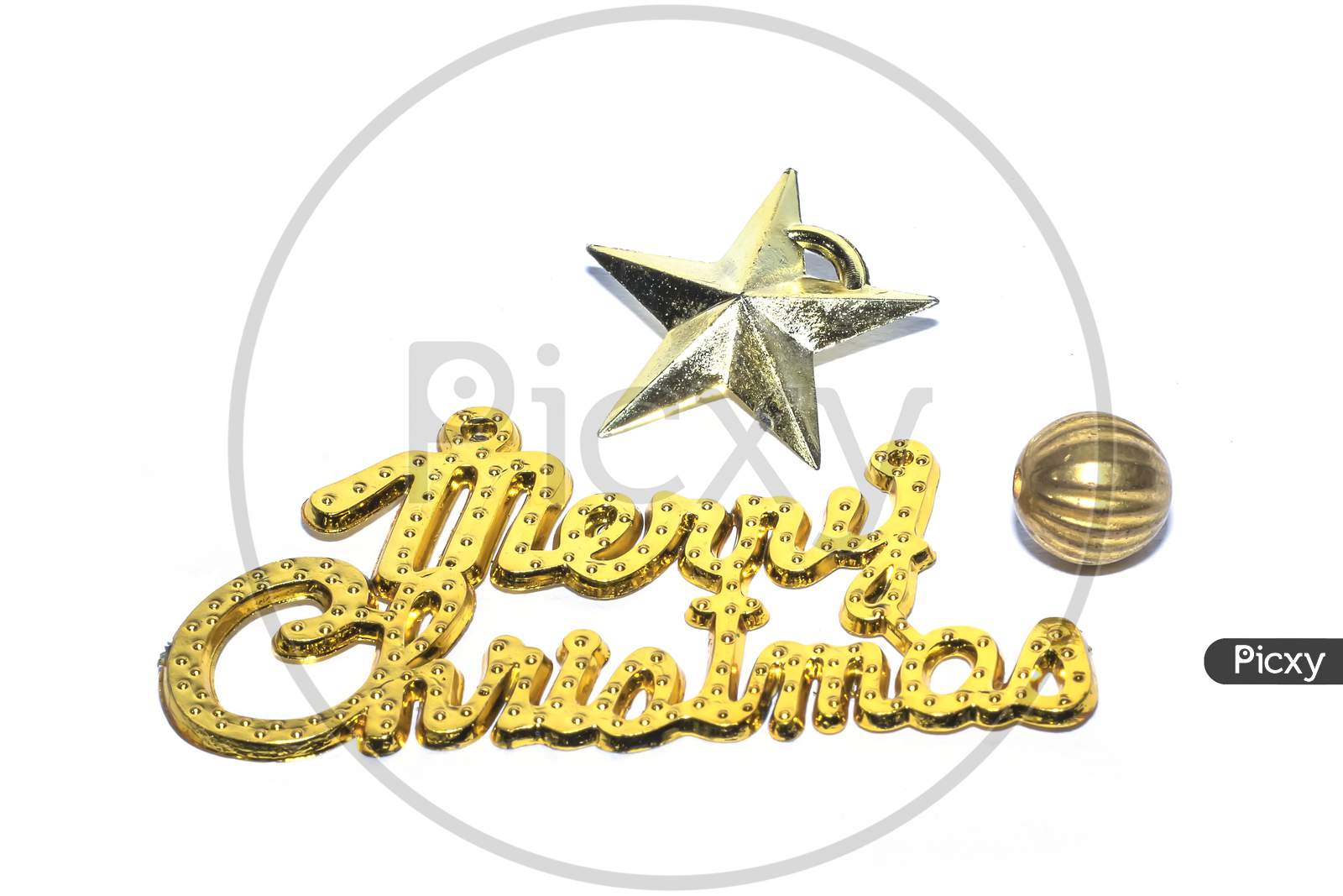 Christmas Composition. Merry Christmas Gold Text With Star Isolated On White Background. Top View