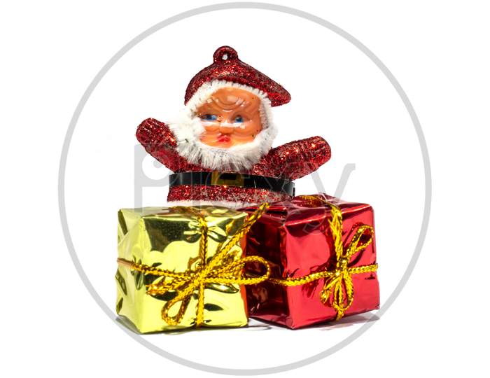 Christmas Santa Claus With Gifts Boxes Isolated On White Background