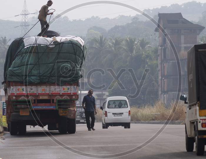 Thrissur, Kerala, India - 11-26-2020: A Lorry Parked At The Side Of A Road