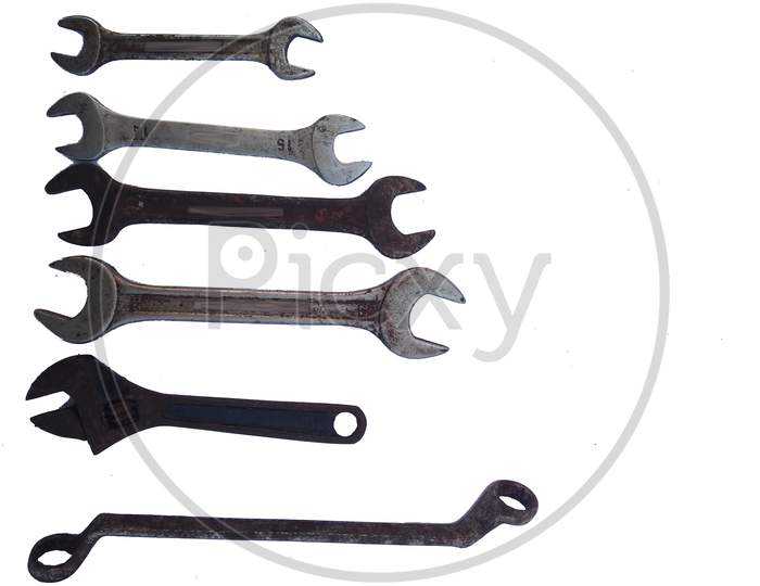 Various Types Of Wrench And Adjustable Wrench Isolated On White Background.