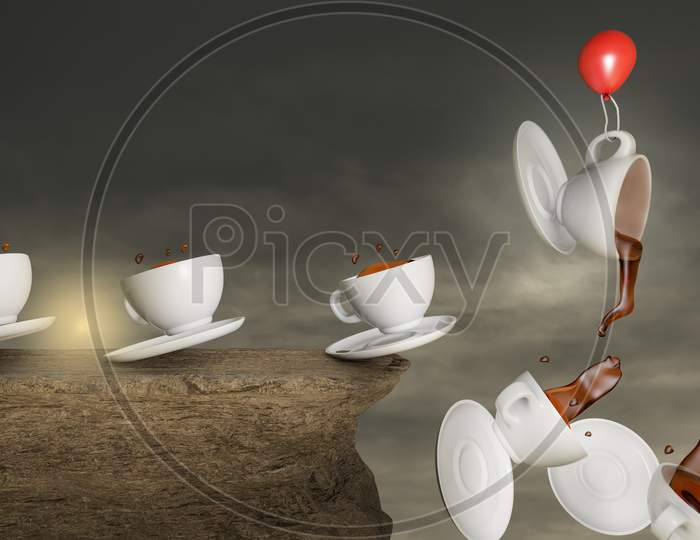 Coffee Cups On A Stone Cliff With A Red Balloon Help To Escape One Coffee Cup From Falling In A Sunset Day. Good Morning Coffee Or Time To Think Or Creative Or Leadership Concept. 3D Illustration