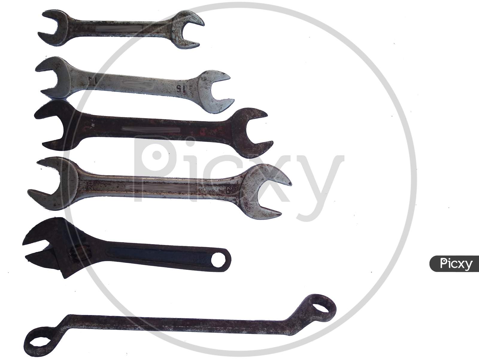 Various Types Of Wrench And Adjustable Wrench Isolated On White Background.