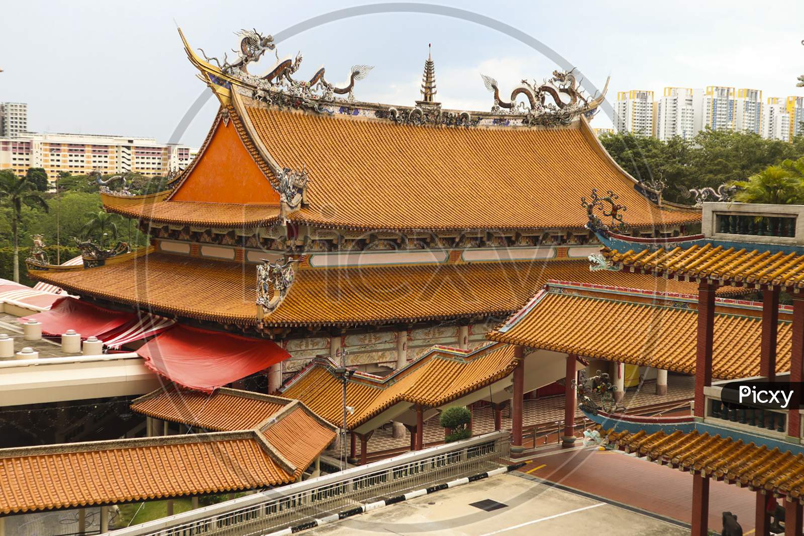 View of Chinese architecture temple complex at Buddhist Monastery
