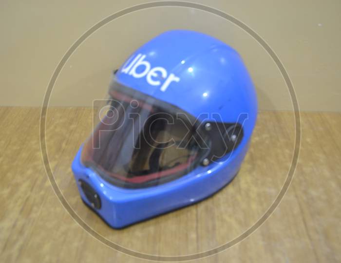 Blue motorcycle helmet, blue helmet.