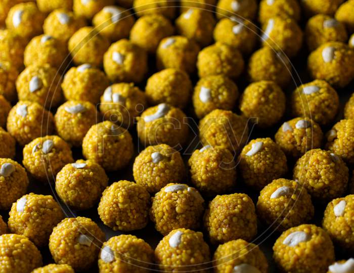 A very famous Indian dessert, Boondi ke Ladoo are also known as Motichoor ke ladoo and are usually made during festive times like Diwali or at Indian weddings and pujas. Selective focus used.