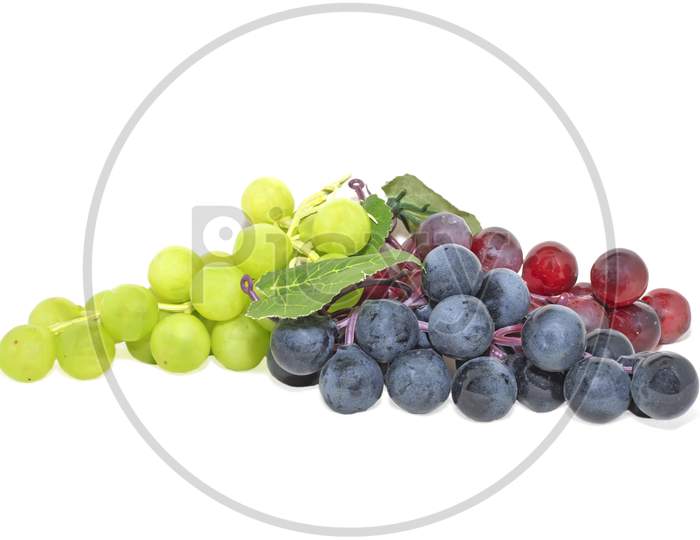 Bunch Of Black And Red Grape With Green Seedless Grape Isolated On White Background.