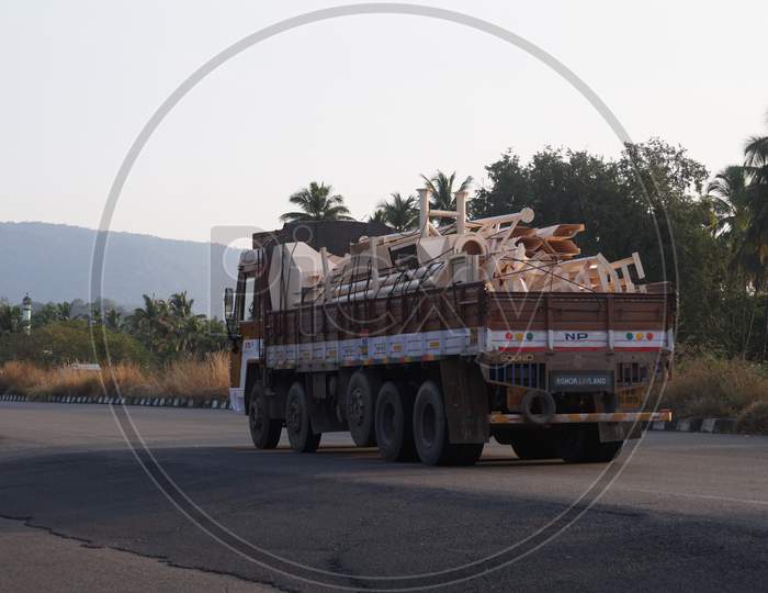 Thrissur, Kerala, India - 11-28-2020: Fully Loaded Lorry On The National Highway 544