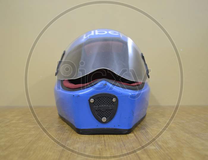 Blue motorcycle helmet, blue helmet.