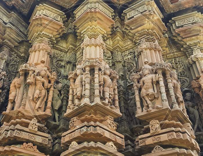 View of intricate carving in stone of historic Shiv temple
