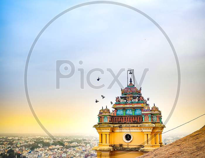 Trichy Rockfort Temple along with city at evening