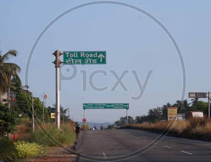 Thrissur, Kerala, India - 11-28-2020: Sign Board Of Toll Road On The National Highway 544