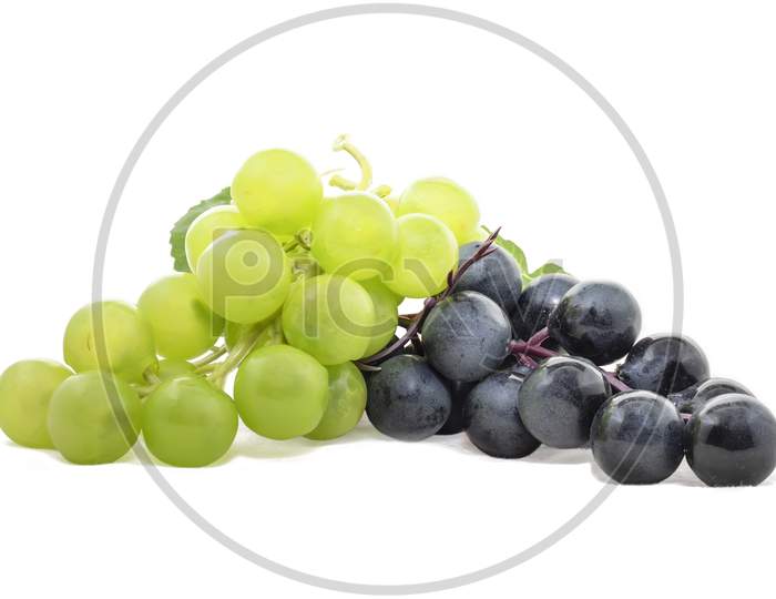 Bunch Of Black Grape With Green Seedless Grape Isolated On White Background.