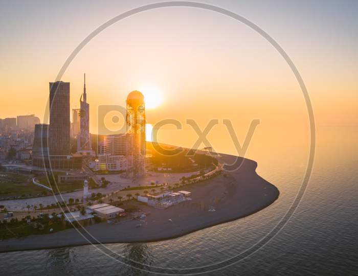 Aerial View To Batumi Beach And Sightseeing Attractions With Sunset Light In The Background