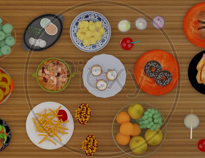 Healthy And Fast Food With Ice-Cream And Juice For Home Celebrations. 3D Rendered Foods Top View.