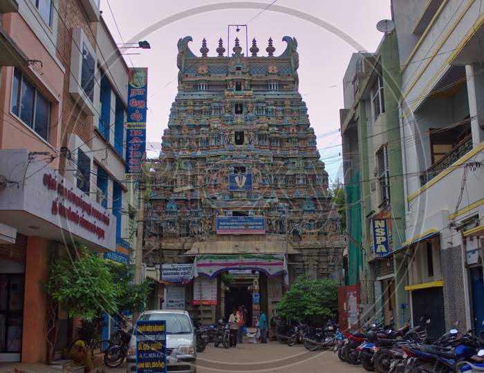 Madurai, India - November 02, 2018: Entrance Of Arulmigu Madana Gopala Sawamy Hindu Temple Located In South India. Hindu Temple Colorful Building Exterior