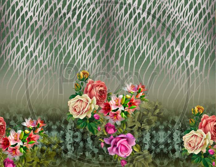 DIGITAL TEXTILE DESIGN AND COLOURFUL BACKGROUND WITH FLOWERS
