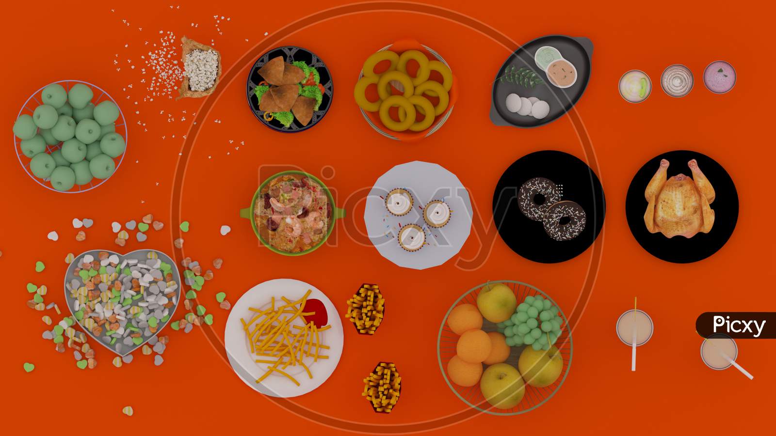 Healthy And Fast Food With Ice-Cream And Juice. Sweet Candy For Kids Celebration. 3D Rendered Foods Top View.