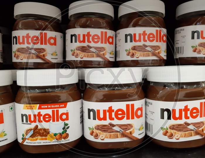 kochi, India - 23 April 2021 : Nutella chocolate jars on the supermarket shelves.