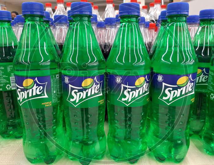 kochi, India - 23 April 2021 : Sprite soda soft drink bottles on the supermarket shelf.