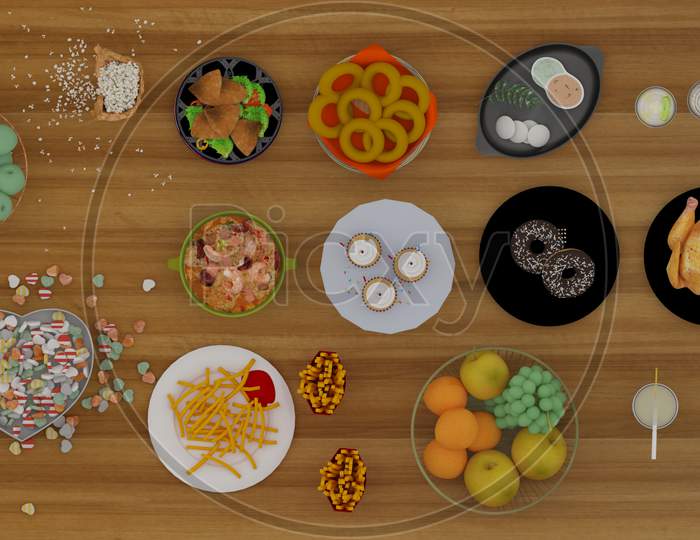 Healthy And Fast Food With Ice-Cream And Juice For Home Celebrations. 3D Rendered Foods Top View.