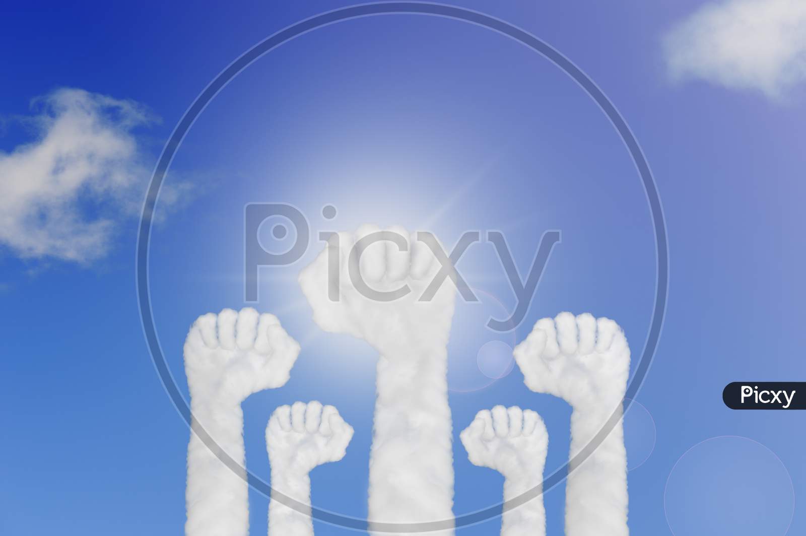Cloud Shape Of Hands Raised Fist Air On Blue Sky. Concept Labor Movement Or Corporate Celebration.