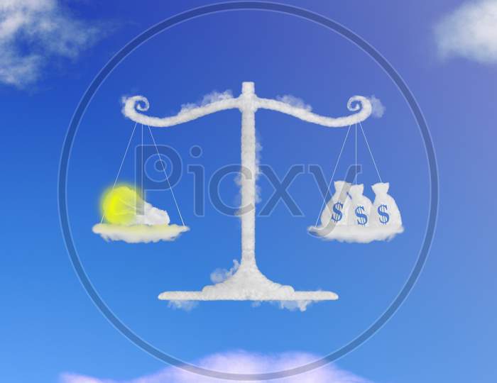 Cloud Shape Of Light Bulb Idea And Money On Balance Scale, Blue Sky Background. Transforming Idea Into Cash Concept.
