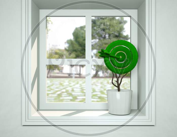 Small Plant In Pot On Window As A Plant Shaped Target. Business Consept. 3D Render