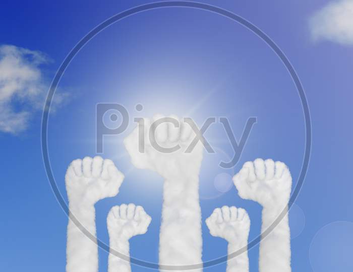 Cloud Shape Of Hands Raised Fist Air On Blue Sky. Concept Labor Movement Or Corporate Celebration.