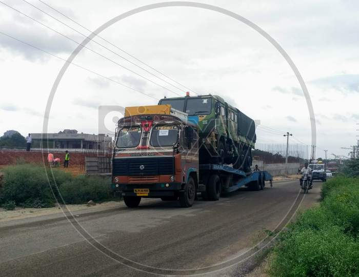 Lorry Vehicle Transportation Of Defence Vehicle At Addakal