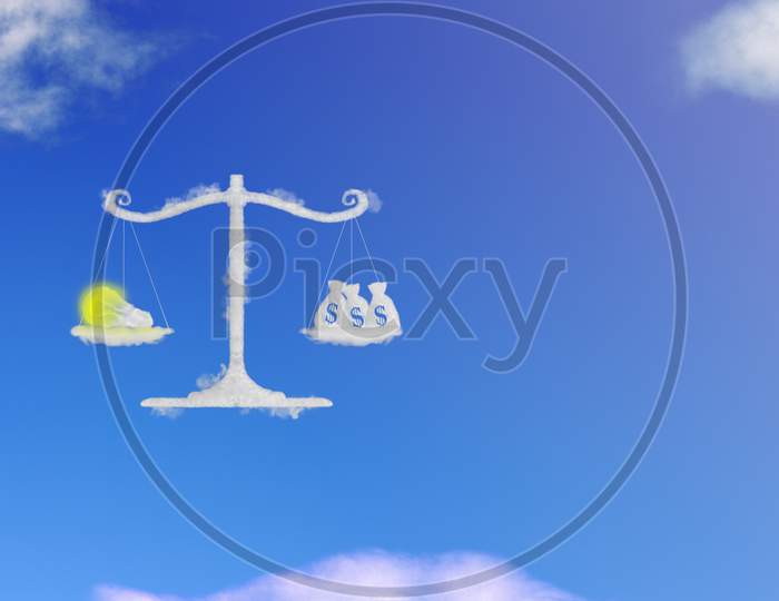 Cloud Shape Of Light Bulb Idea And Money On Balance Scale, Blue Sky Background. Transforming Idea Into Cash Concept.