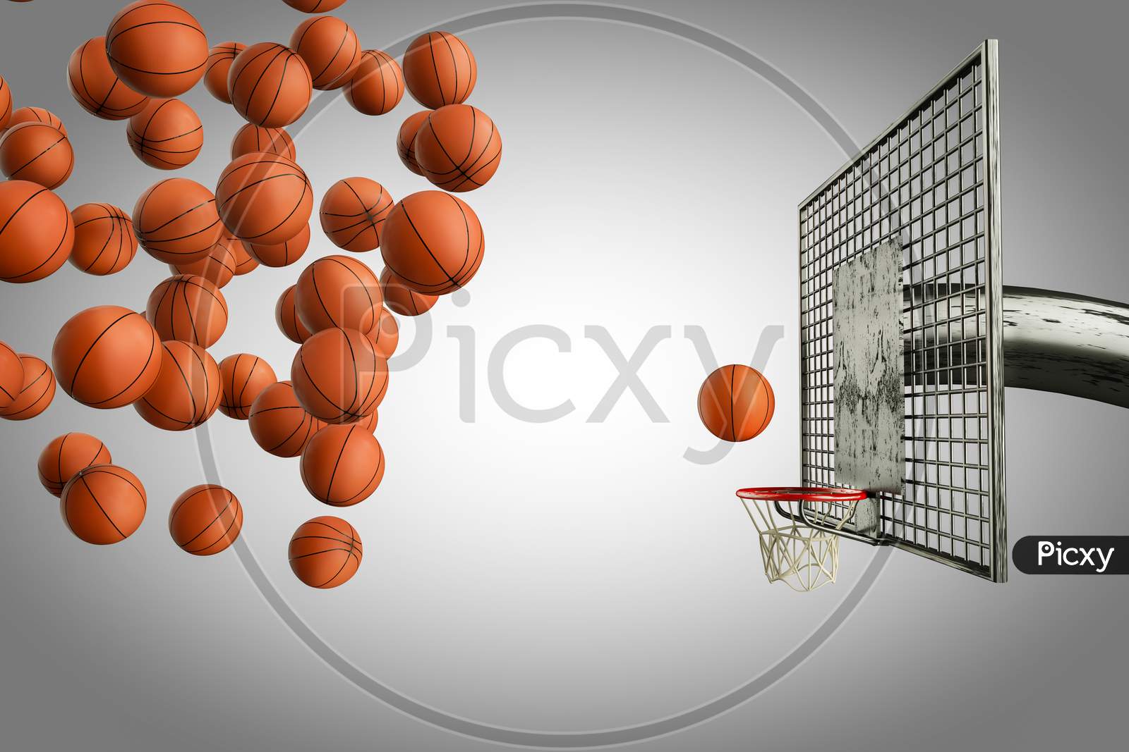 Many Basketballs Try To Get Into The Basketball Hoop With One Basketball To Succeed In Basketball Het. Business Or Leadership Or Creativity Idea Or Succession Planing Concept. 3D Illustration