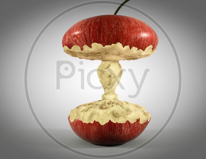 Red Apple Bitten In A Shape Of Bulb Isolate In White-Gray Background With Vignette. Idea Or Success Or Creative And Innovation Business Or Successful Progress. 3D Illustration