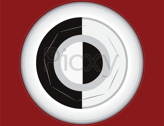 Black And White, Round Shape,Abstract Button, Having In Reddish Background.