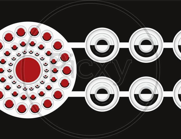 3d graphic of a symbol made of spheres, abstract buttons artwork, isolated on black background.