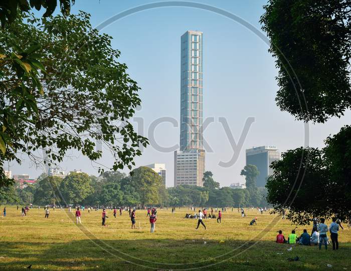 The view of Maidan ground with THE 42, a residential tower during Sunday afternoon walk. Kolkata, India - 29th November, 2020.