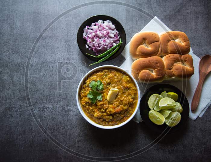 Indian street food pao bhaji or bread and masala curry