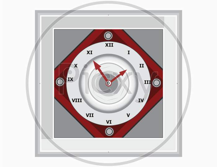 Square Shape, Roman Numeral, Wall Clock, Vector Graphic Design In Red And White Color.