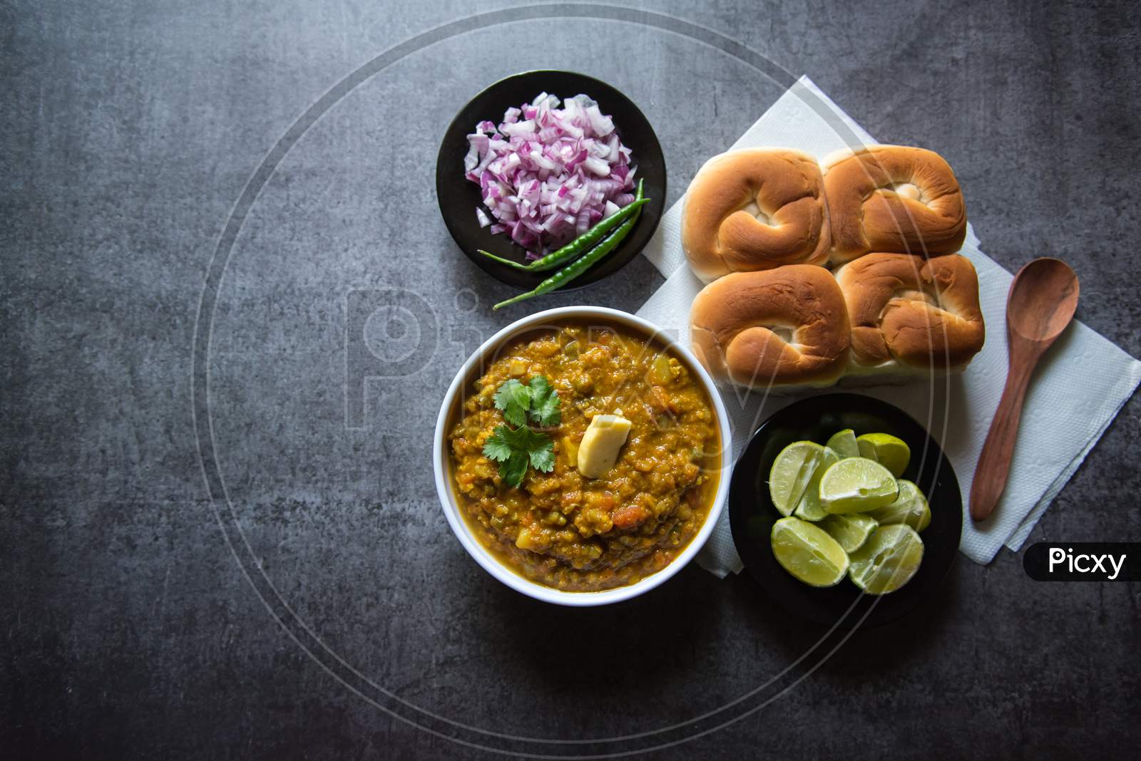 Indian street food pao bhaji or bread and masala curry