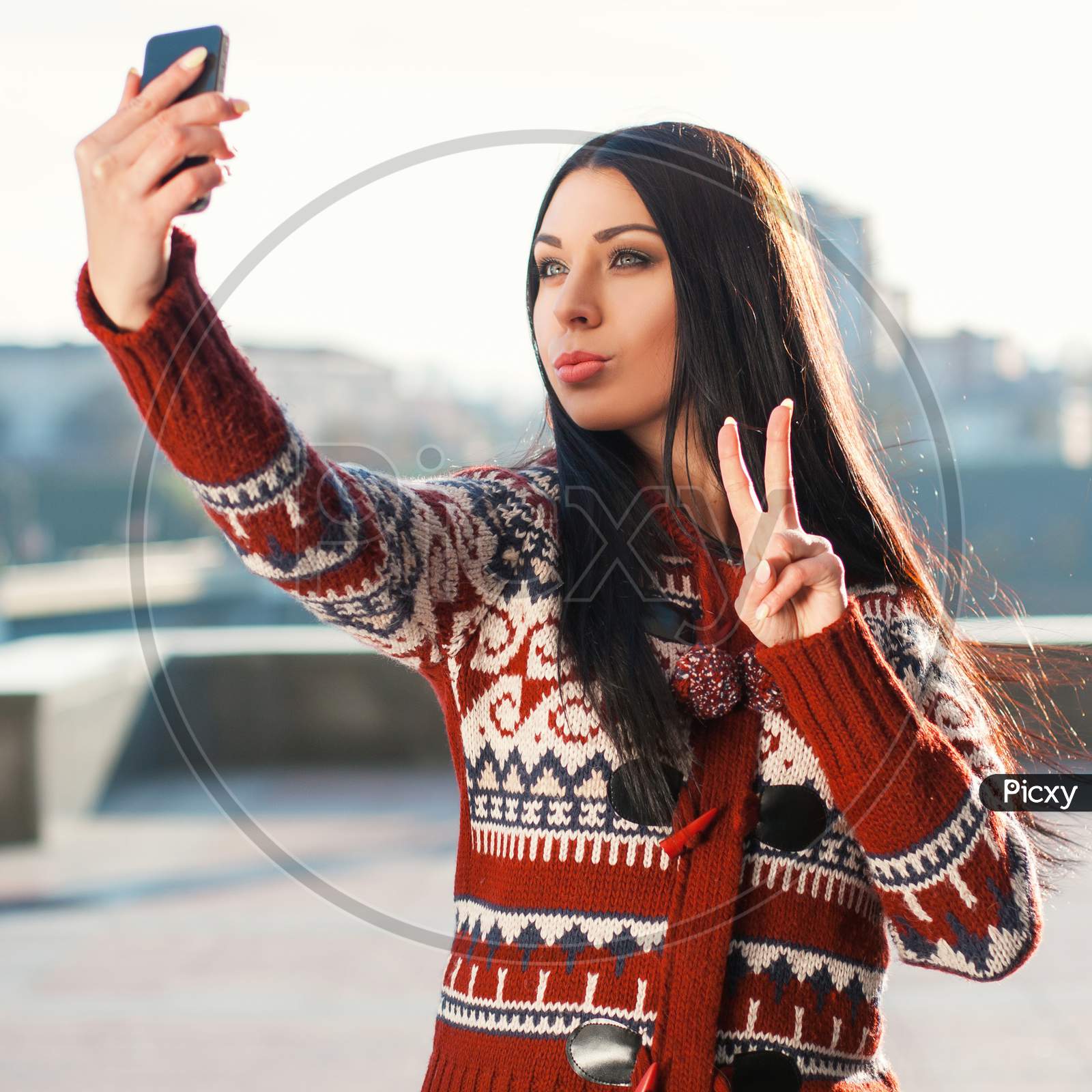 Beautiful Woman Doing Selfie On Phone