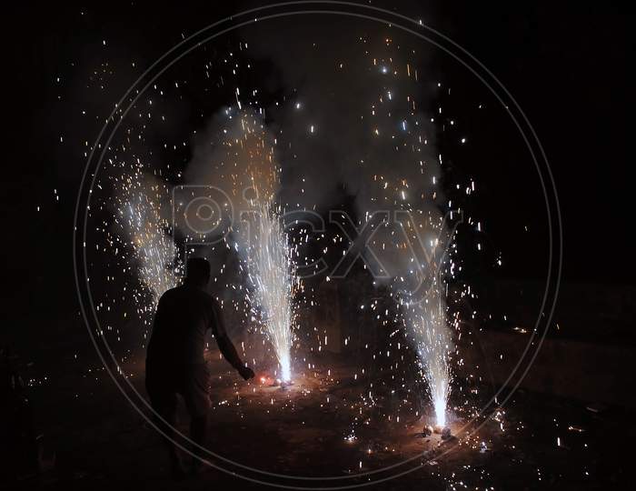 The fire fountain, fire works in Diwali.