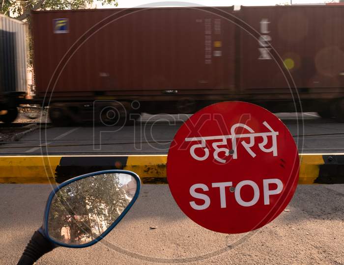 Stop sign at a railway crossing