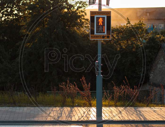 Red Traffic Lights And Pedestrian Crossing