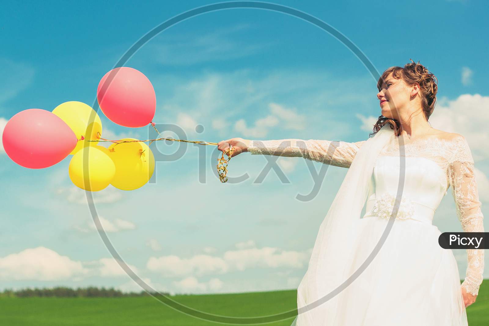 Bride Is Holding Balloons In Hands.