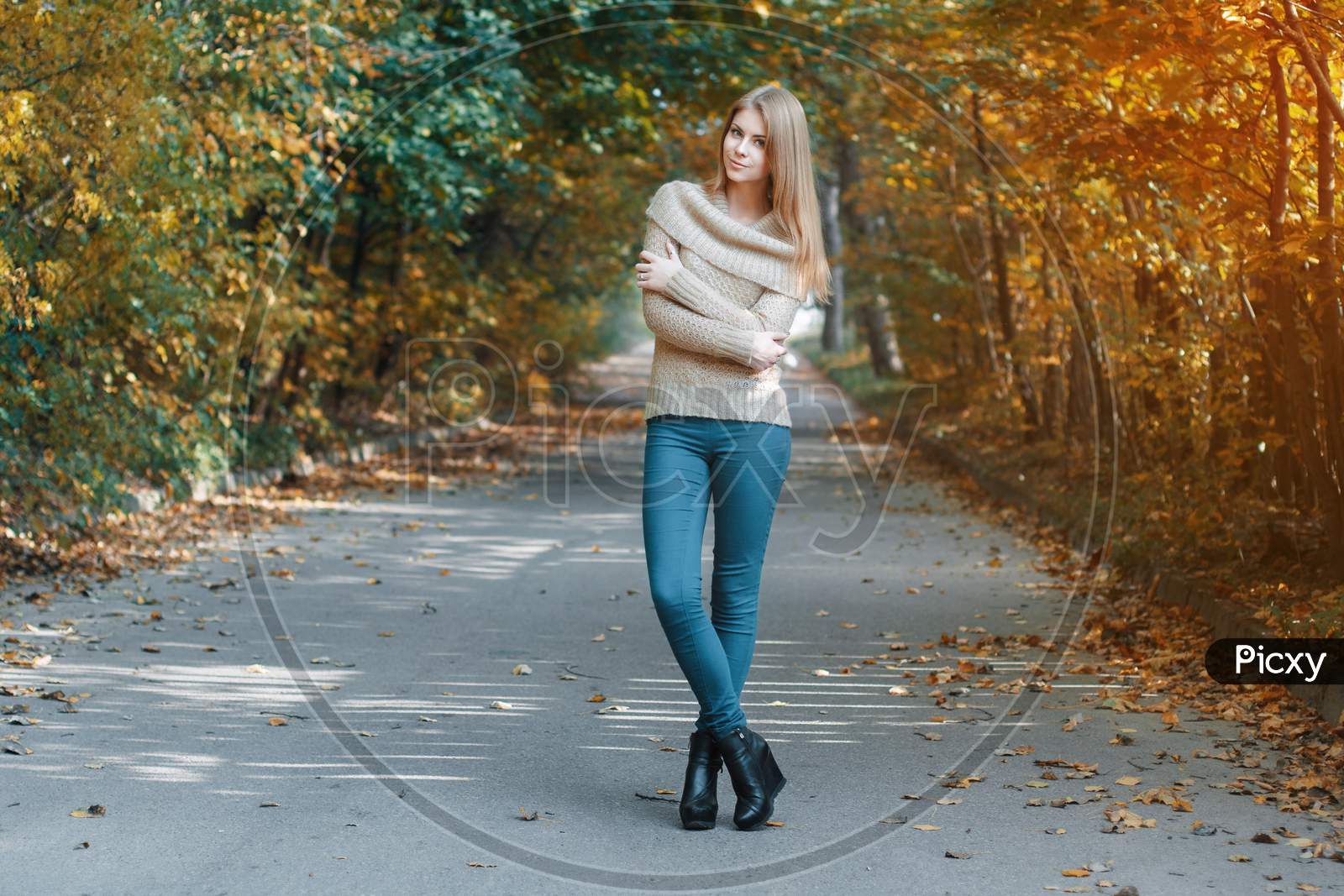 Pretty Girl In A Pullover Standing In Autumn Park